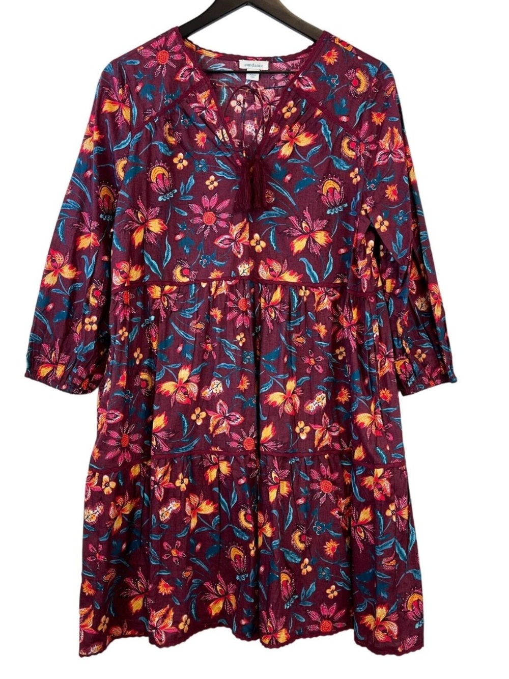 Sundance "Eternal Summer" Dress, tiered midi, maroon floral print, tassels, M